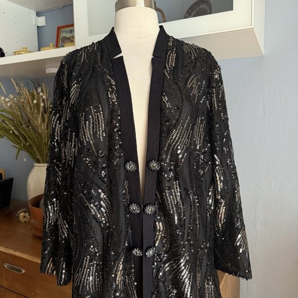 Misook Sequin Mesh Duster Jacket Black Gold Size PXL - Picture 2 of 12